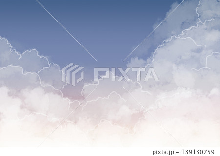 淡いグラデーションの空と雲の背景素材 白く縁取られたふんわり雲のナチュラル背景 コピースペースあり 139130759