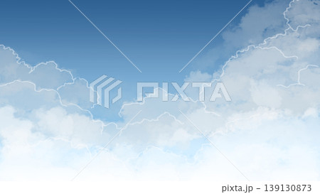 淡いグラデーションの空と雲の背景素材 白く縁取られたふんわり雲のナチュラル背景 コピースペースあり 139130873