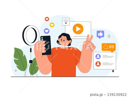 Daily Vlog Vector Illustration of Content Creator Recording Video for Social Media Influencer Lifestyle with Filming Setup Camera Studio Background 139130922