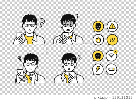 スマートフォンを持つ眼鏡をかけた男子学生とスマホトラブルの通知アイコンセット スマートフォンを持つ眼鏡をかけた男子学生とスマホトラブルの通知アイコンセット 139131013