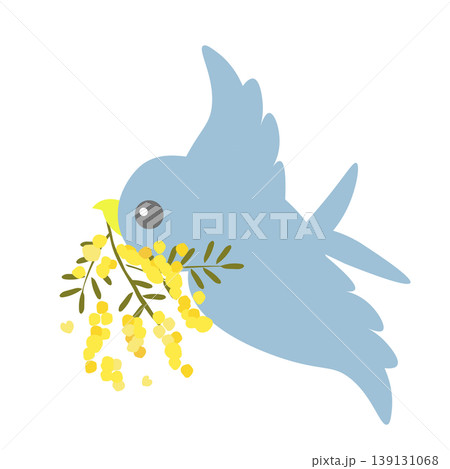 ミモザをくわえた青い鳥のイラスト ミモザをくわえた青い鳥のイラスト 139131068