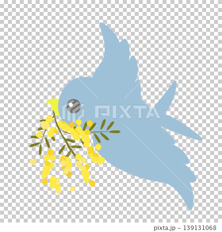 An illustration of a blue bird holding a mimosa flower. 139131068