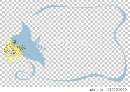 A frame featuring a blue bird holding a mimosa flower. A frame featuring a blue bird holding a mimosa flower. 139131069