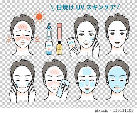 一組男士臉部特寫插圖，描繪了他們穿著防紫外線產品的樣子。 139131109