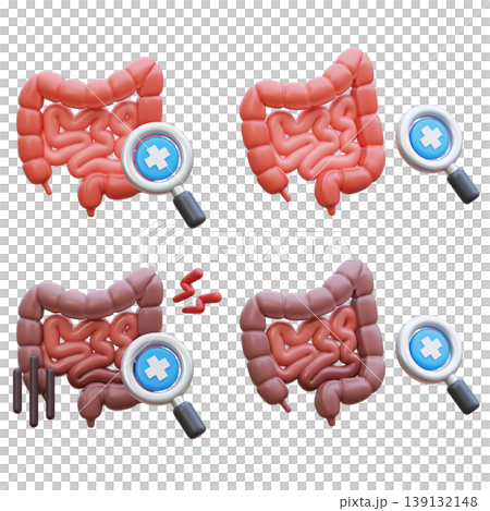 3D Intestine Medical Checkup Icon with Magnifying Glass for Gastrointestinal Diagnosis 139132148