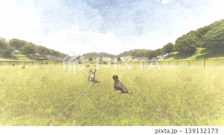 広々とした緑のドッグランと遊ぶ犬たちの風景(3DCG・イラスト) 広々とした緑のドッグランと遊ぶ犬たちの風景(3DCG・イラスト) 139132173