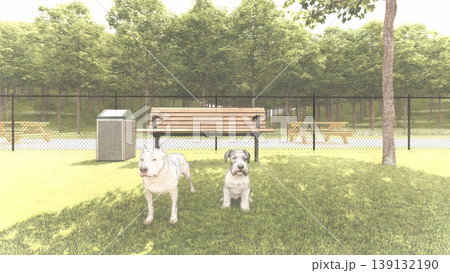 広々とした緑のドッグランと遊ぶ犬たちの風景(3DCG・イラスト) 広々とした緑のドッグランと遊ぶ犬たちの風景(3DCG・イラスト) 139132190