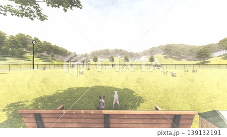 広々とした緑のドッグランと遊ぶ犬たちの風景(3DCG・イラスト) 広々とした緑のドッグランと遊ぶ犬たちの風景(3DCG・イラスト) 139132191