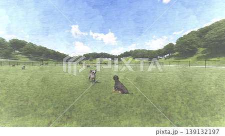 広々とした緑のドッグランと遊ぶ犬たちの風景（3DCG・イラスト） 139132197