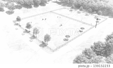 広々とした緑のドッグランと遊ぶ犬たちの風景（3DCG・イラスト） 139132233