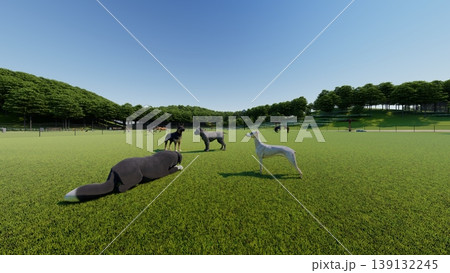 広々とした緑のドッグランと遊ぶ犬たちの風景(3DCG・イラスト) 広々とした緑のドッグランと遊ぶ犬たちの風景(3DCG・イラスト) 139132245