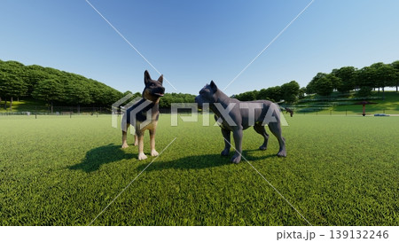 広々とした緑のドッグランと遊ぶ犬たちの風景(3DCG・イラスト) 広々とした緑のドッグランと遊ぶ犬たちの風景(3DCG・イラスト) 139132246