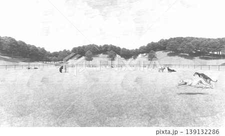 広々とした緑のドッグランと遊ぶ犬たちの風景(3DCG・イラスト) 広々とした緑のドッグランと遊ぶ犬たちの風景(3DCG・イラスト) 139132286