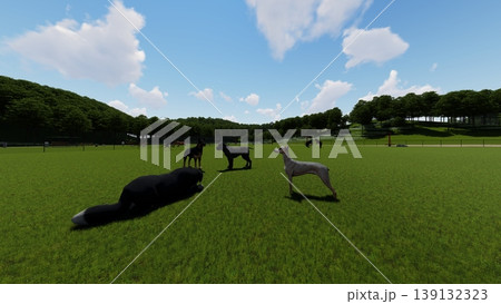 広々とした緑のドッグランと遊ぶ犬たちの風景（3DCG・イラスト） 139132323