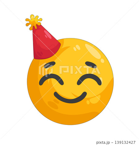 Illustration of smiling emoji wearing party hat Illustration of smiling emoji wearing party hat 139132427