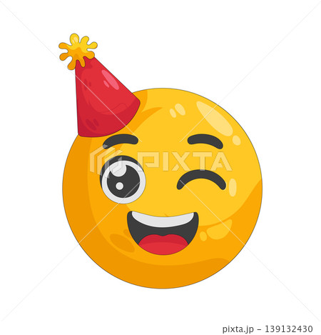 Illustration of winking emoji wearing party hat Illustration of winking emoji wearing party hat 139132430