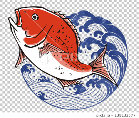一幅描繪鯛魚躍過海浪的插圖。 139132577