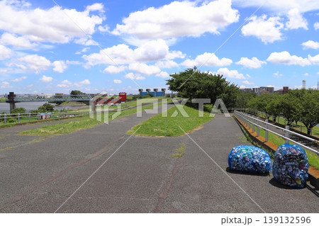 荒川河川敷での空き缶回収風景(東京都内) 荒川河川敷での空き缶回収風景(東京都内) 139132596