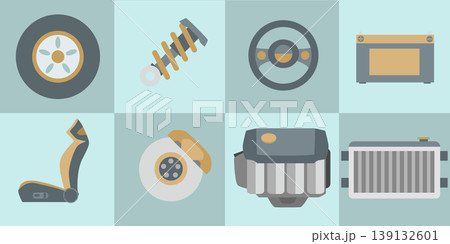Collection of car parts icons including wheel, suspension, steering, battery, seat, brake, engine, and radiator. Professional flat design for automotive industry and garage services. Separate layers. Collection of car parts icons including wheel, suspension, steering, battery, seat, brake, engine, and radiator. Professional flat design for automotive industry and garage services. Separate layers. 139132601