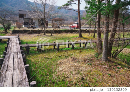 新緑の開田高原水生植物園の木道からトイレのある駐車場を望む 139132899