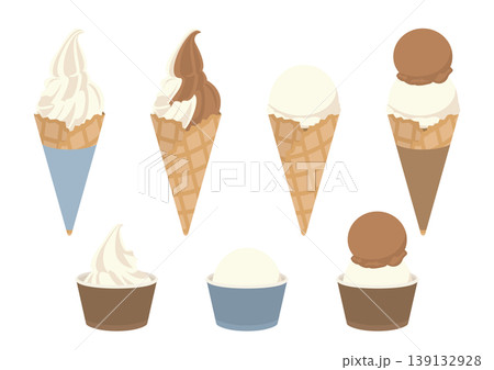 ソフトクリームとアイスクリームのセット コーンとカップのシンプルなベクターイラスト素材 139132928