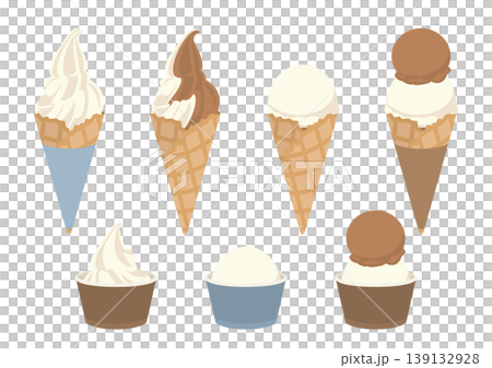 ソフトクリームとアイスクリームのセット コーンとカップのシンプルなベクターイラスト素材 139132928