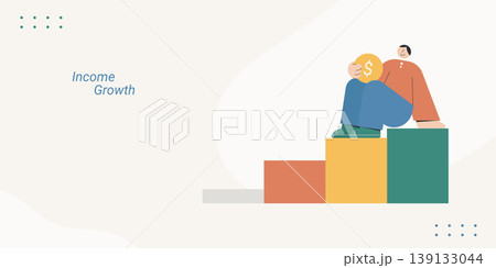 Flat design illustration of a character sitting on top of a growing bar chart while holding a gold dollar coin, symbolizing income growth and financial success, ideal for business and investment conte 139133044