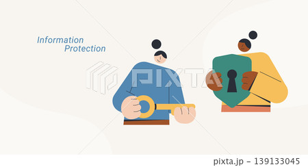 Flat design illustration of two characters holding a golden key and a teal security shield with keyhole, symbolizing information protection and data security, ideal for cybersecurity and privacy conte 139133045