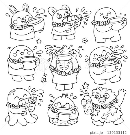 Cute cartoon character, water bowl, water gun, flower garland, happy, festival, doodle style Cute cartoon character, water bowl, water gun, flower garland, happy, festival, doodle style 139133112