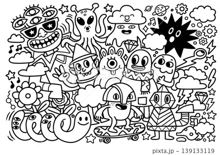 Doodle cartoon monster alien cloud flower snail skateboard diamond music fun happy creative Doodle cartoon monster alien cloud flower snail skateboard diamond music fun happy creative 139133119
