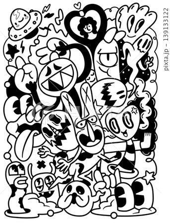 Cartoon doodle abstract character black and white playful expressive creative fun energetic Cartoon doodle abstract character black and white playful expressive creative fun energetic 139133122