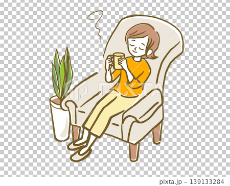 A woman relaxing on a sofa with a mug in her hand. A woman relaxing on a sofa with a mug in her hand. 139133284