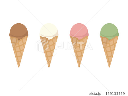 ワッフルコーンのアイスクリーム4種セット(チョコ・バニラ・ストロベリー・抹茶)のベクターイラスト 139133539