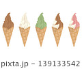 ワッフルコーンのソフトクリーム5種セット(チョコ・バニラ・抹茶・ミックス)のベクターイラスト 139133542