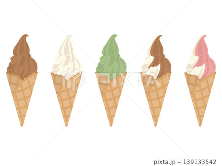 ワッフルコーンのソフトクリーム5種セット(チョコ・バニラ・抹茶・ミックス)のベクターイラスト 139133542