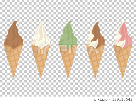 ワッフルコーンのソフトクリーム5種セット(チョコ・バニラ・抹茶・ミックス)のベクターイラスト 139133542