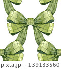 Hand drawn watercolor seamless pattern of festive green plaid bows. This rustic holiday design features checkered knots with realistic fabric textures and soft shadows in a repeating vertical layout 139133560