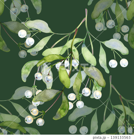 Hand drawn watercolor seamless pattern of mistletoe branches. This moody botanical design features soft green leaves and glowing white pearlescent berries, ideal for elegant Christmas gift wrap 139133563
