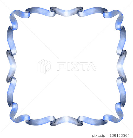 Hand drawn watercolor illustration of a square blue decorative frame. Border is crafted from a continuous, flowing silk ribbon, delicate empty space. Ideal for baby shower invitations, winter wedding Hand drawn watercolor illustration of a square blue decorative frame. Border is crafted from a continuous, flowing silk ribbon, delicate empty space. Ideal for baby shower invitations, winter wedding 139133564