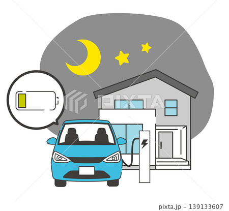 夜間に自宅でEVを充電するイラスト 夜間に自宅でEVを充電するイラスト 139133607