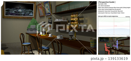 アニメの背景に使えるレトロな喫茶店の風景（登場キャラの描き足しに便利なパースガイドデータ付きです） 139133619