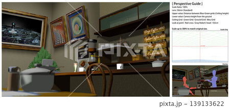 アニメの背景に使えるレトロな喫茶店の風景（登場キャラの描き足しに便利なパースガイドデータ付きです） 139133622