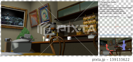アニメの背景に使えるレトロな喫茶店の風景（登場キャラの描き足しに便利なパースガイドデータ付きです） 139133622