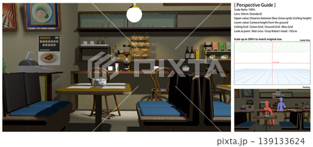 アニメの背景に使えるレトロな喫茶店の風景（登場キャラの描き足しに便利なパースガイドデータ付きです） 139133624