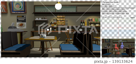 アニメの背景に使えるレトロな喫茶店の風景（登場キャラの描き足しに便利なパースガイドデータ付きです） 139133624