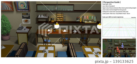 アニメの背景に使えるレトロな喫茶店の風景（登場キャラの描き足しに便利なパースガイドデータ付きです） 139133625