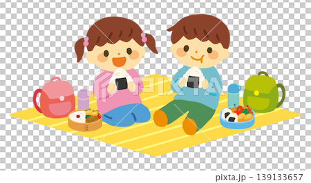 Vector illustration of children eating their lunches on a school trip. 139133657