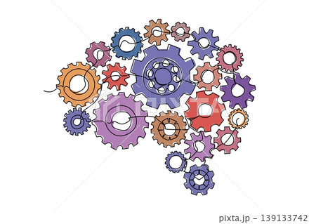 One line drawing of colorful cogwheel or brain gear mechanism for business presentation slide. Industrial business concept illustration shows complexity of human thought process and logic system One line drawing of colorful cogwheel or brain gear mechanism for business presentation slide. Industrial business concept illustration shows complexity of human thought process and logic system 139133742
