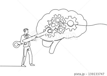 Single line drawing of handsome young businessman in suit repairing mechanic gears inside brain, perfect for health and business concept presentation or professional medical wall decor for clinics Single line drawing of handsome young businessman in suit repairing mechanic gears inside brain, perfect for health and business concept presentation or professional medical wall decor for clinics 139133747