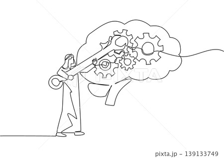 Continuous line drawing of handsome young Arabian man in traditional dress repairs brain gears, representing health concept for global medical guide or psychological treatment cover illustrations Continuous line drawing of handsome young Arabian man in traditional dress repairs brain gears, representing health concept for global medical guide or psychological treatment cover illustrations 139133749